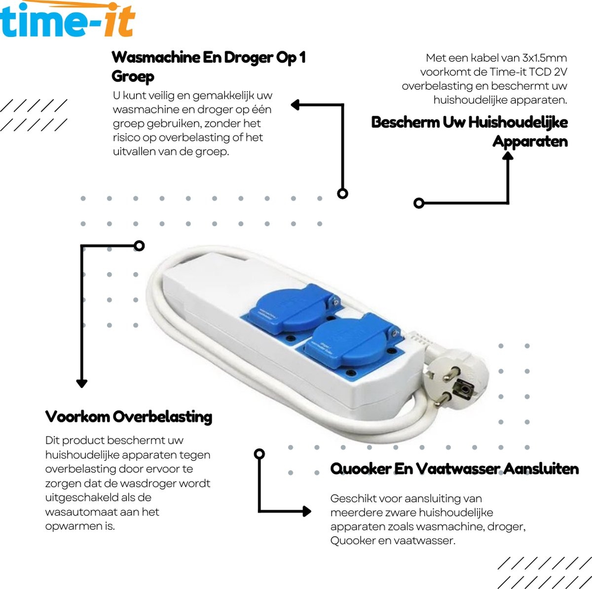 Time-it TCD 2V Combischakelaar | Combiregelaar Wasmachine & Drogerschakelaar | Vaatwasser & Quooker |1,5 meter 3x1.5mm² (BK56199) - Rutten Elektroshop