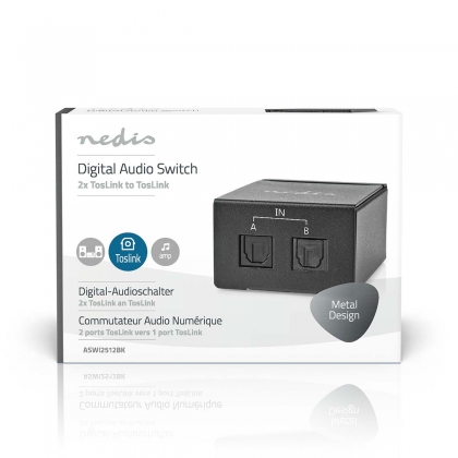 Digitale Audio-Switch | 2-wegs | Input: DC Power / 2x TosLink | Output: TosLink Female | Manueel / Schakelaar | Metaal | Zwart