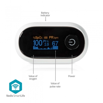 SmartLife Pulse Oximeter | Bluetooth® | OLED-Scherm | Anti-bewegingsinterferentie / Auditief alarm / Hoge precisie sensor / Perfusie-index / Polsslag / Zuurstofverzadiging (SpO2) | Wit