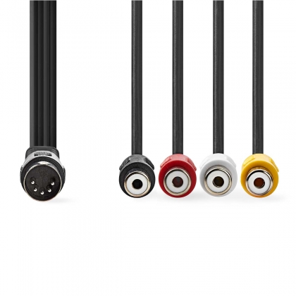 DIN-Audiokabel | DIN 5-Pins Male | 4x RCA Female | Vernikkeld | 0.20 m | Rond | PVC | Zwart | Label