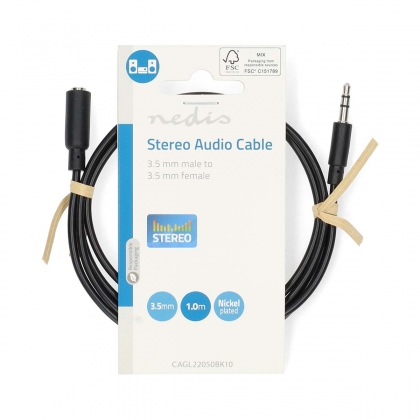 Stereo-Audiokabel | 3,5 mm Male | 3,5 mm Female | Vernikkeld | 1.00 m | Rond | Zwart | Label