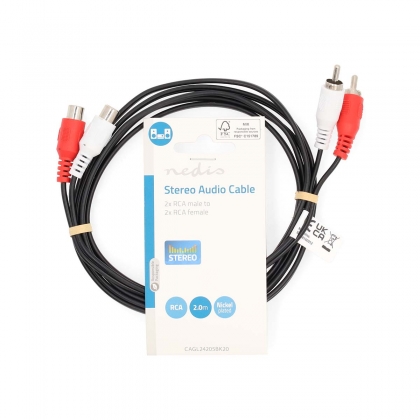 Stereo-Audiokabel | 2x RCA Male | 2x RCA Female | Vernikkeld | 2.00 m | Rond | Zwart | Label