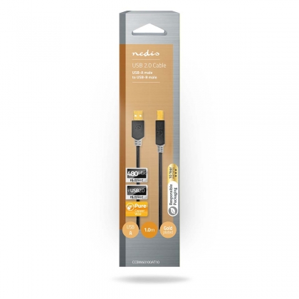 USB-Kabel | USB 2.0 | USB-A Male | USB-B Male | 480 Mbps | Verguld | 1.00 m | Rond | PVC | Antraciet | Doos