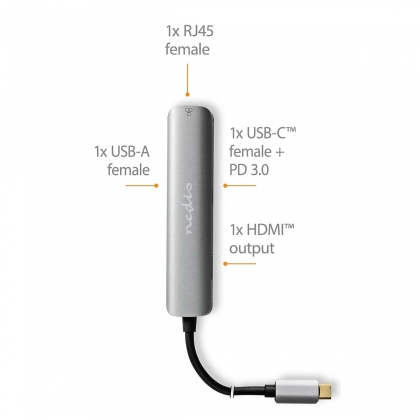 USB Multi-Port Adapter | USB 3.2 Gen 1 | USB-C™ Male | HDMI™ Output / RJ45 Female / USB-A Female / USB-C™ Female | 5 Gbps | 0.20 m | Rond | Verguld | PVC | Antraciet | Doos