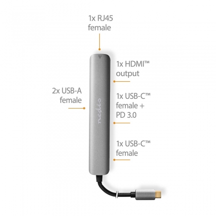 USB Multi-Port Adapter | USB 3.2 Gen 1 | USB-C™ Male | HDMI™ Output / RJ45 Female / 2x USB-A Female / 2x USB-C™ | 5 Gbps | 0.20 m | Rond | Verguld | PVC | Antraciet | Doos