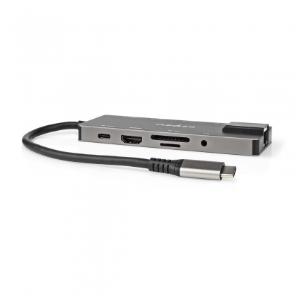 USB Multi-Port Adapter | USB 3.2 Gen 1 | USB-C™ Male | HDMI™ Output / RJ45 Female / SD / 2x USB-C™ / 3,5 mm Female / 3x USB-A Female | 5 Gbps | 0.20 m | Rond | Verguld | PVC | Antraciet | Doos