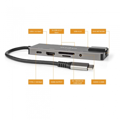 USB Multi-Port Adapter | USB 3.2 Gen 1 | USB-C™ Male | HDMI™ Output / RJ45 Female / SD / 2x USB-C™ / 3,5 mm Female / 3x USB-A Female | 5 Gbps | 0.20 m | Rond | Verguld | PVC | Antraciet | Doos