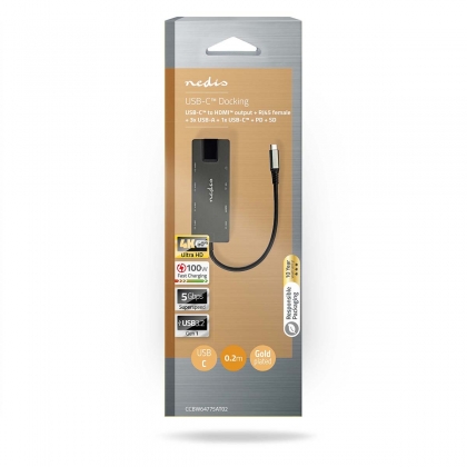 USB Multi-Port Adapter | USB 3.2 Gen 1 | USB-C™ Male | HDMI™ Output / RJ45 Female / SD / 2x USB-C™ / 3,5 mm Female / 3x USB-A Female | 5 Gbps | 0.20 m | Rond | Verguld | PVC | Antraciet | Doos