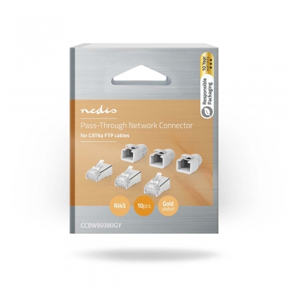 RJ45-Connector | RJ45 Pass Through | Stevig/Gesnoerd FTP CAT6a | Recht | Verguld | 10 Stuks | PVC | Grijs / Wit / Zwart | Doos