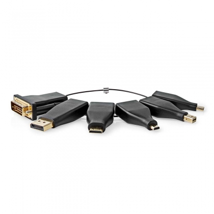 HDMI™-Adapter | DisplayPort Male / DVI-D 24+1-Pins Male / HDMI™ Micro-Connector / HDMI™ Mini-Connector / Mini-DisplayPort Male / USB-C™ Male | HDMI™ Output | Verguld | Recht | PVC | Zwart | 1 Stuks | Doos