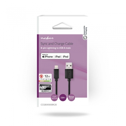 Lightning Kabel | USB 2.0 | Apple Lightning 8-Pins | USB-A Male | 480 Mbps | Vernikkeld | 2.00 m | Rond | PVC | Zwart | Doos