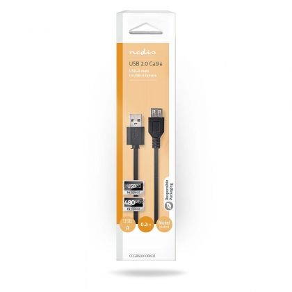 USB-Kabel | USB 2.0 | USB-A Male | USB-A Female | 480 Mbps | Vernikkeld | 0.20 m | Rond | PVC | Zwart | Doos