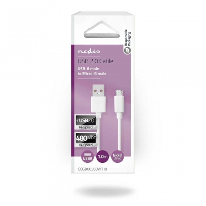 USB-Kabel | USB 2.0 | USB-A Male | USB Micro-B Male | 480 Mbps | Vernikkeld | 1.00 m | Rond | PVC | Wit | Doos