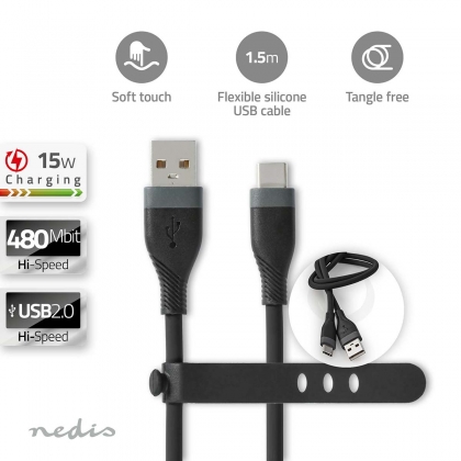 USB-Kabel | USB 2.0 | USB-A Male | USB-C™ Male | 15 W | 480 Mbps | Vernikkeld | 1.50 m | Rond | Silicone | Zwart | Doos