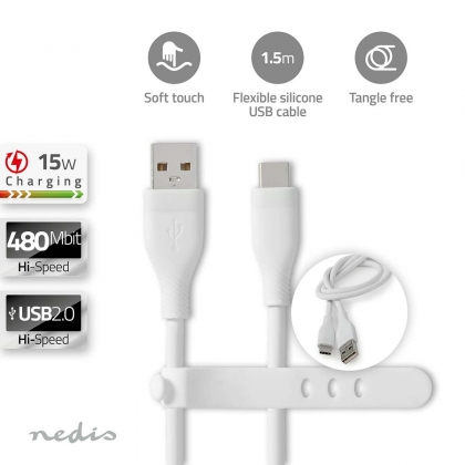 USB-Kabel | USB 2.0 | USB-A Male | USB-C™ Male | 15 W | 480 Mbps | Vernikkeld | 1.50 m | Rond | Silicone | Wit | Doos