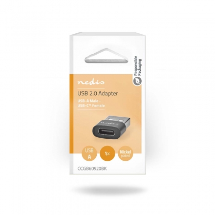 USB-A Adapter | USB 2.0 | USB-A Male | USB-C™ Female | 480 Mbps | Rond | Vernikkeld | Zwart | Doos