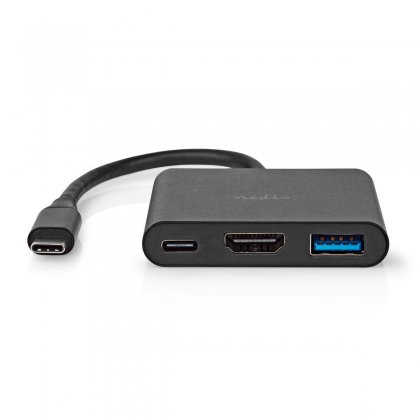 USB Multi-Port Adapter | USB 3.2 Gen 1 | USB-C™ Male | HDMI™ Output / USB-A Female / USB-C™ Female | 5 Gbps | 0.10 m | Rond | Vernikkeld | PVC | Zwart | Doos