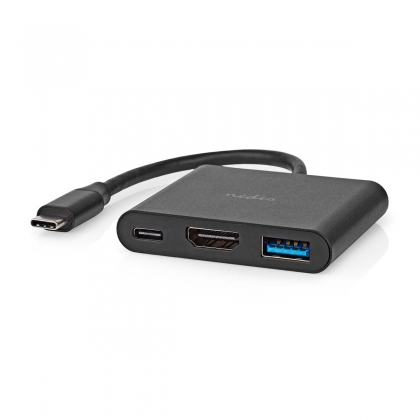 USB Multi-Port Adapter | USB 3.2 Gen 1 | USB-C™ Male | HDMI™ Output / USB-A Female / USB-C™ Female | 5 Gbps | 0.10 m | Rond | Vernikkeld | PVC | Zwart | Doos