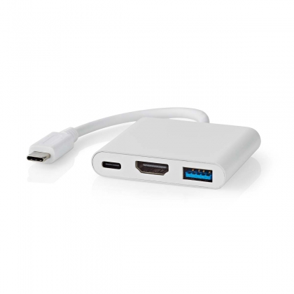 USB Multi-Port Adapter | USB 3.2 Gen 1 | USB-C™ Male | HDMI™ Output / USB-A Female / USB-C™ Female | 5 Gbps | 0.10 m | Rond | Vernikkeld | PVC | Wit | Doos