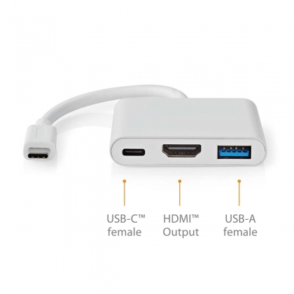 USB Multi-Port Adapter | USB 3.2 Gen 1 | USB-C™ Male | HDMI™ Output / USB-A Female / USB-C™ Female | 5 Gbps | 0.10 m | Rond | Vernikkeld | PVC | Wit | Doos