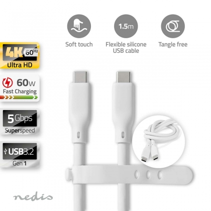 USB-Kabel | USB 3.2 Gen 1 | USB-C™ Male | USB-C™ Male | 60 W | 4K@60Hz | 5 Gbps | Vernikkeld | 1.50 m | Rond | Silicone | Wit | Doos