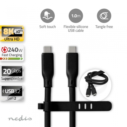 USB-Kabel | USB 3.2 Gen 2 | USB-C™ Male | USB-C™ Male | 240 W | 8K@30Hz | 20 Gbps | Vernikkeld | 1.00 m | Rond | Silicone | Zwart | Doos