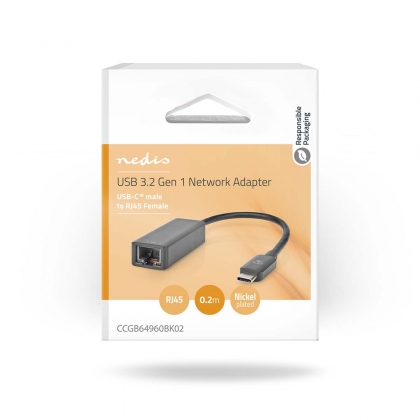 USB-netwerkadapter | USB 3.2 Gen 1 | 2.5 Gbps | USB-C™ Male | RJ45 Female | 0.20 m | Rond | Vernikkeld | Vertind-Koper | Zwart | Doos