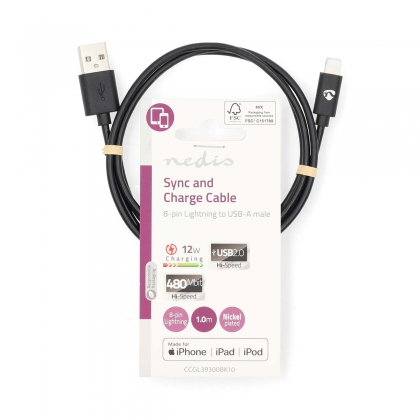 Lightning Kabel | USB 2.0 | Apple Lightning 8-Pins | USB-A Male | 480 Mbps | Vernikkeld | 1.00 m | Rond | PVC | Zwart | Label