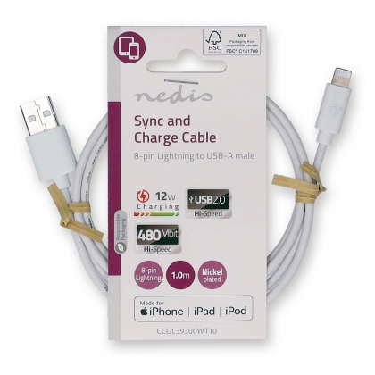 Lightning Kabel | USB 2.0 | Apple Lightning 8-Pins | USB-A Male | 480 Mbps | Vernikkeld | 1.00 m | Rond | PVC | Wit | Label