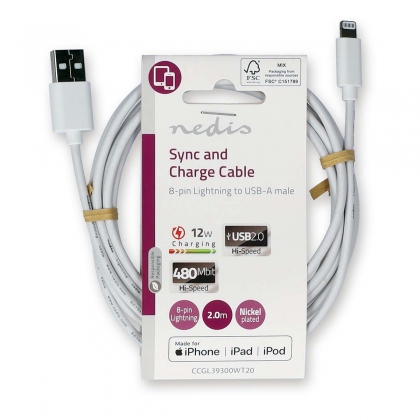 Lightning Kabel | USB 2.0 | Apple Lightning 8-Pins | USB-A Male | 480 Mbps | Vernikkeld | 2.00 m | Rond | PVC | Wit | Label