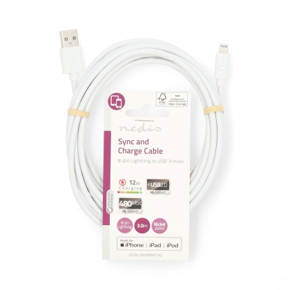 Lightning Kabel | USB 2.0 | Apple Lightning 8-Pins | USB-A Male | 480 Mbps | Vernikkeld | 3.00 m | Rond | PVC | Wit | Label