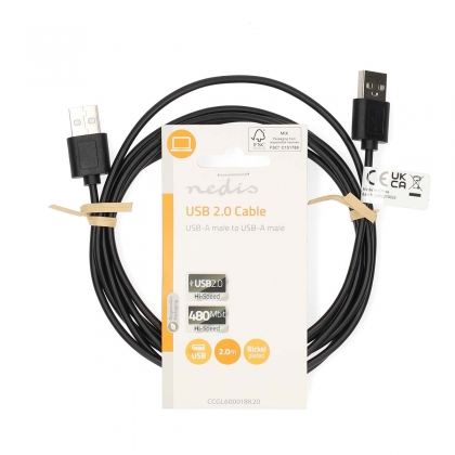 USB-Kabel | USB 2.0 | USB-A Male | USB-A Male | 480 Mbps | Vernikkeld | 2.00 m | Rond | PVC | Zwart | Label