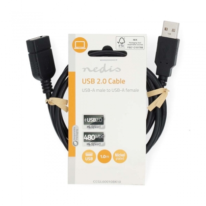 USB-Kabel | USB 2.0 | USB-A Male | USB-A Female | 480 Mbps | Vernikkeld | 1.00 m | Rond | PVC | Zwart | Label