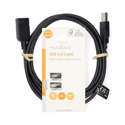 USB-Kabel | USB 2.0 | USB-A Male | USB-A Female | 480 Mbps | Vernikkeld | 2.00 m | Rond | PVC | Zwart | Label