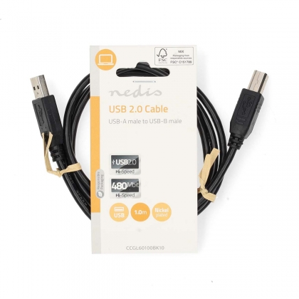 USB-Kabel | USB 2.0 | USB-A Male | USB-B Male | 10 W | 480 Mbps | Vernikkeld | 1.00 m | Rond | PVC | Zwart | Label