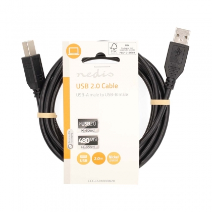 USB-Kabel | USB 2.0 | USB-A Male | USB-B Male | 10 W | 480 Mbps | Vernikkeld | 2.00 m | Rond | PVC | Zwart | Label