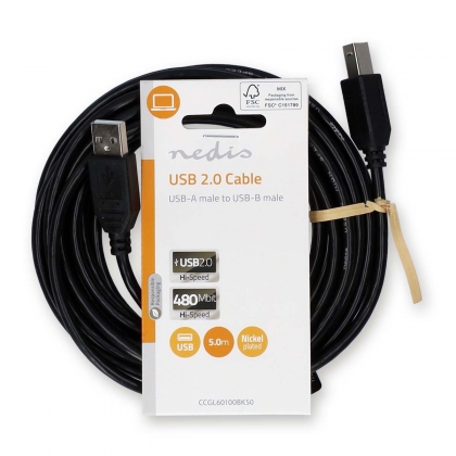 USB-Kabel | USB 2.0 | USB-A Male | USB-B Male | 10 W | 480 Mbps | Vernikkeld | 5.00 m | Rond | PVC | Zwart | Label