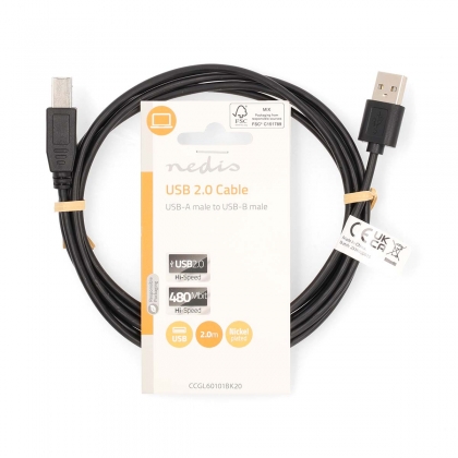 USB-Kabel | USB 2.0 | USB-A Male | USB-B Male | 480 Mbps | Vernikkeld | 2.00 m | Rond | PVC | Zwart | Label