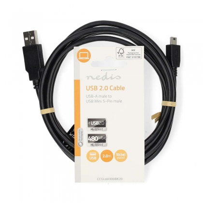 USB-Kabel | USB 2.0 | USB-A Male | USB Mini-B 5-Pins Male | 480 Mbps | Vernikkeld | 2.00 m | Rond | PVC | Zwart | Label