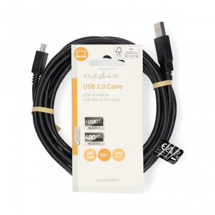 USB-Kabel | USB 2.0 | USB-A Male | USB Mini-B 5-Pins Male | 480 Mbps | Vernikkeld | 3.00 m | Rond | PVC | Zwart | Label