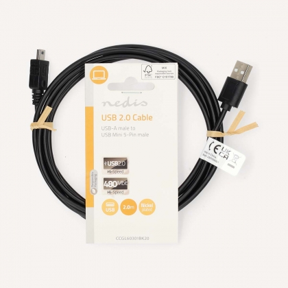 USB-Kabel | USB 2.0 | USB-A Male | Mini 5-Pin Male | 480 Mbps | Vernikkeld | 2.00 m | Rond | PVC | Zwart | Label