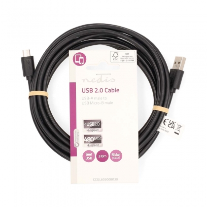 USB-Kabel | USB 2.0 | USB-A Male | USB Micro-B Male | 10 W | 480 Mbps | Vernikkeld | 3.00 m | Rond | PVC | Zwart | Label