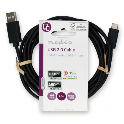 USB-Kabel | USB 2.0 | USB-A Male | USB-C™ Male | 15 W | 480 Mbps | Vernikkeld | 3.00 m | Rond | PVC | Zwart | Label