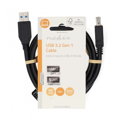 USB-Kabel | USB 3.2 Gen 1 | USB-A Male | USB-A Female | 5 Gbps | Vernikkeld | 1.00 m | Rond | PVC | Zwart | Label