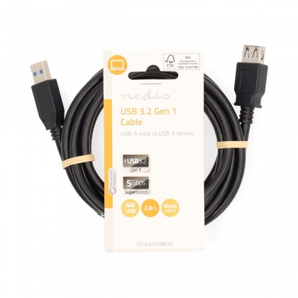 USB-Kabel | USB 3.2 Gen 1 | USB-A Male | USB-A Female | 5 Gbps | Vernikkeld | 2.00 m | Rond | PVC | Zwart | Label