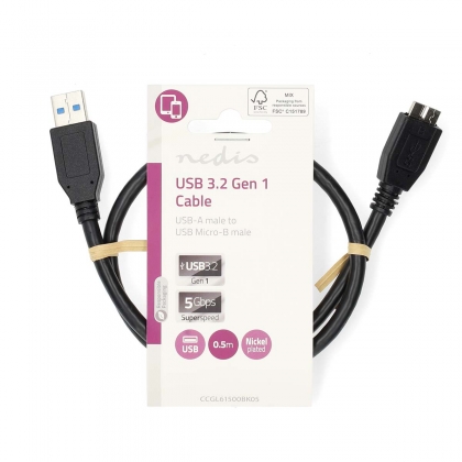 USB-Kabel | USB 3.2 Gen 1 | USB-A Male | USB Micro-B Male | 5 Gbps | Vernikkeld | 0.50 m | Rond | PVC | Zwart | Label