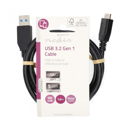 USB-Kabel | USB 3.2 Gen 1 | USB-A Male | USB Micro-B Male | 5 Gbps | Vernikkeld | 1.00 m | Rond | PVC | Zwart | Label