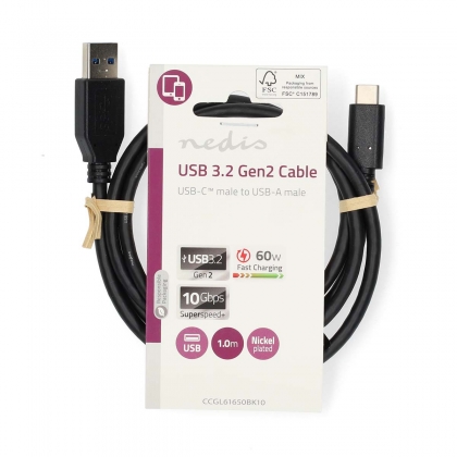 USB-Kabel | USB 3.2 Gen 2 | USB-A Male | USB-C™ Male | 60 W | 10 Gbps | Vernikkeld | 1.00 m | Rond | PVC | Zwart | Label