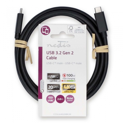 USB-Kabel | USB 3.2 Gen 2 | USB-C™ Male | USB-C™ Male | 100 W | 4K@60Hz | 20 Gbps | Vernikkeld | 2.00 m | Rond | PVC | Zwart | Label