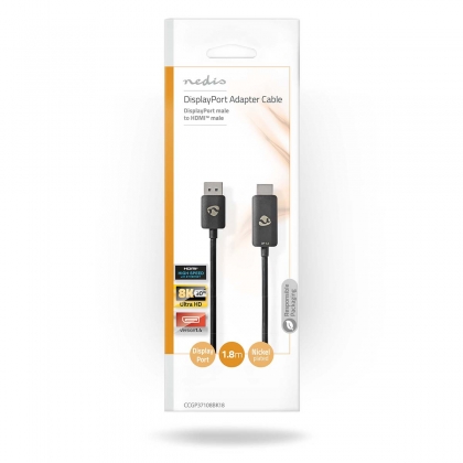 DisplayPort-Adapter | DisplayPort Male | HDMI™ Connector | 8K@30Hz | Vernikkeld | Recht | 1.80 m | Rond | TPE | Zwart | Envelop